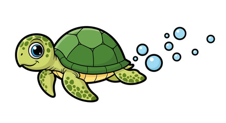 Friendly cartoon sea turtle swimming happily with bubbles, a cute and cheerful marine animal illustration.