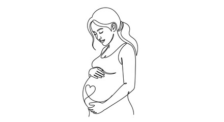Line art of a pregnant woman holding her belly with a heart. symbolizing motherhood, love, new life, and hope.