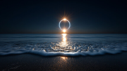 Sonnenfinsternis über dunklem Ozean mit Lichtreflexion