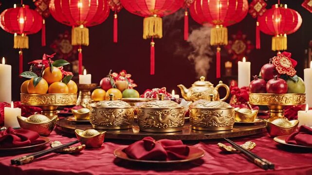 Festive Chinese New Year table setting, traditional red and gold decor, vibrant cultural celebration with lanterns and fruits