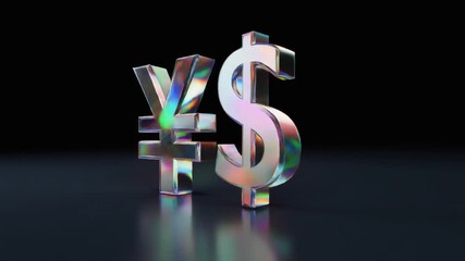 Iridescent metallic Japanese Yen and US Dollar currency symbols standing on a reflective dark surface, representing global finance and exchange rates. - Powered by Adobe