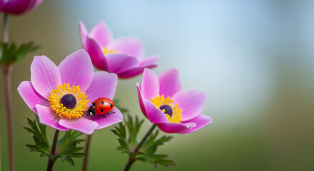 Fototapeta premium Ladybug on pink anemone blossoms in spring evokes nature's beauty and renewal