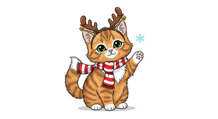 Cute ginger cat with reindeer antlers and a scarf waving for a festive Christmas greeting