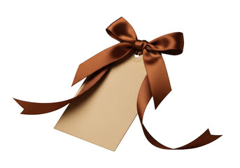 Kraft gift label with brown ribbon bow in transparent background
