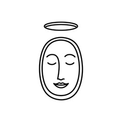 Minimalist Serene Face With Halo Line Drawing.