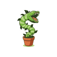 Cartoon Carnivorous Spiral Plant In Pot.