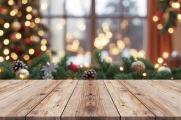 Wood table empty blank clean template with Christmas decorate blur bokeh background for design mockup