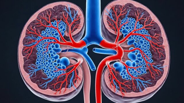 Illustration showing a detailed cross section of human kidneys with blood vessels and glomeruli