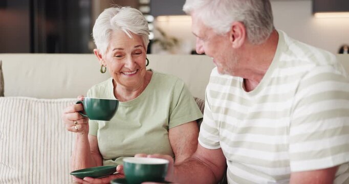 Home, coffee and old couple on sofa, funny and bonding together with joke, love and trust. Happy, man and woman with caffeine, smile or retirement with break, herbal tea or laughing with relationship