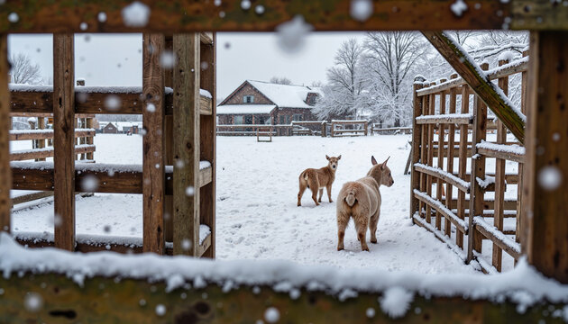 Goats in snowy farmyard looking back at wooden fence - Powered by Adobe