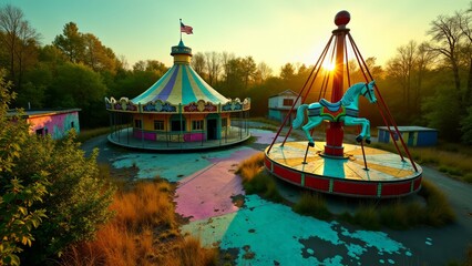 Abandoned amusement park carousel at dusk