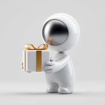 Stilisierte 3D Figur mit goldenem Geschenk auf wei&szlig;em Hintergrund