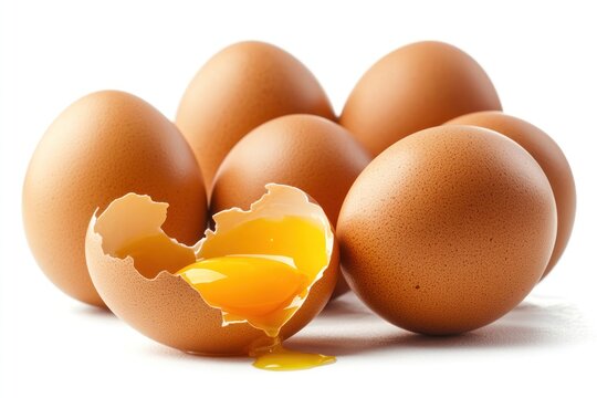A group of brown eggs are scattered on a white surface, with one egg cracked open to reveal a yellow yolk inside.