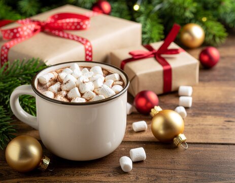 Cozy Christmas still life with hot chocolate, marshmallows, gifts and ornaments on wooden table