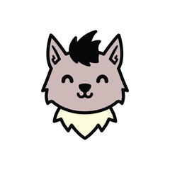 Smiling cute cartoon wolf head illustration.
