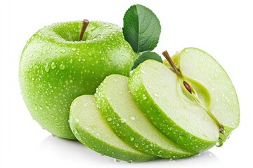 A vibrant green apple with a shiny, wet surface and a single leaf on top, set against a white background.