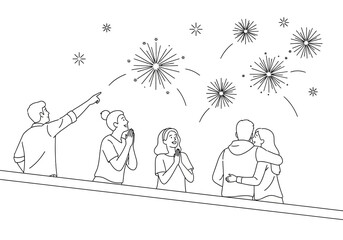 People Watching Fireworks Display Illustration