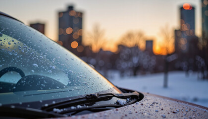 Close-up of a snowy car windshield at sunset