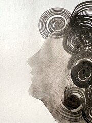 Sumi-e ink drawing of a person's profile, silhouette in profile, hand-drawn portrait, monochrome banner-size illustration, Sumi-e ink drawing of a curly-haired woman's illustration