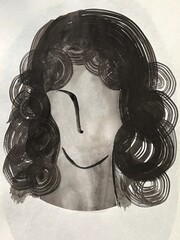 Sumi-e ink drawing of a person's front view, silhouette in front view, hand-drawn portrait, monochrome banner-size illustration, Sumi-e ink drawing of a curly-haired woman's illustration