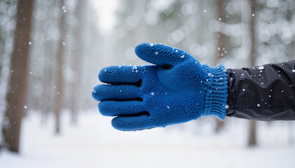 Blue glove reaching out in snowy forest