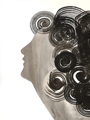 Sumi-e ink drawing of a person's profile, silhouette in profile, hand-drawn portrait, monochrome banner-size illustration, Sumi-e ink drawing of a curly-haired woman's illustration