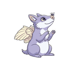 Cute purple winged rodent cartoon creature looking upward.