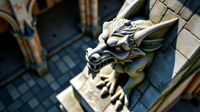 Stone gargoyle on gothic cathedral rooftop