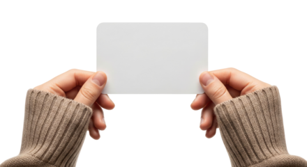 Person Holding White Card for Mockup and Advertising Use, Cut Out, Clipping Path, Isolated on a Transparent PNG Background.