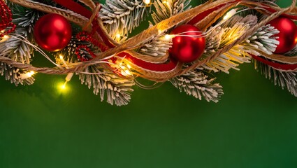 Festive christmas garland with red ornaments and twinkling lights on green background