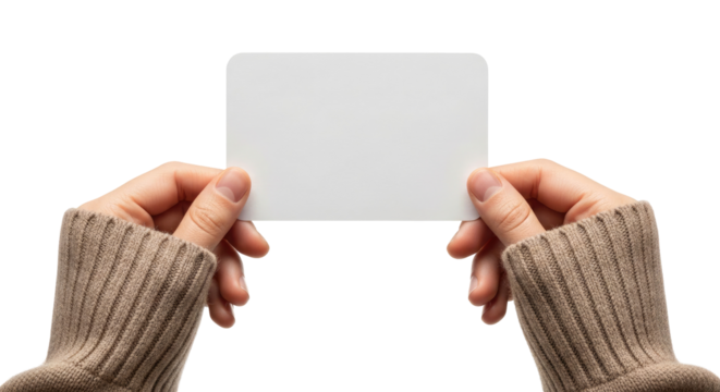 Person Holding White Card for Mockup and Advertising Use, Cut Out, Clipping Path, Isolated on a Transparent PNG Background.