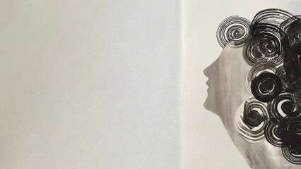 Sumi-e ink drawing of a person's profile, silhouette in profile, hand-drawn portrait, monochrome banner-size illustration, Sumi-e ink drawing of a curly-haired woman's illustration