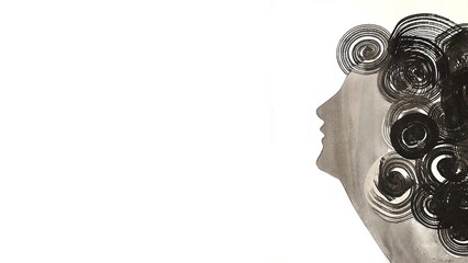 Sumi-e ink drawing of a person's profile, silhouette in profile, hand-drawn portrait, monochrome banner-size illustration, Sumi-e ink drawing of a curly-haired woman's illustration