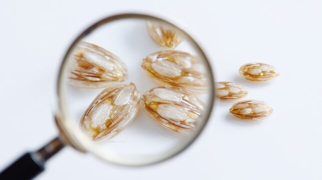 psyllium. A cluster of psyllium seeds under magnification, showing their gel-like coating on a white background. gardening catalogs, home-decor guides, designed for gardening and botanical catalogs.