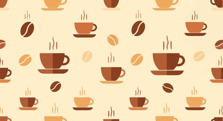Seamless pattern with stylized coffee cups and beans.
