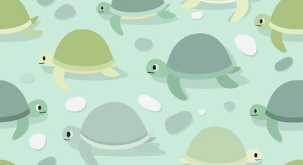 Cute sea turtles swimming in a light blue ocean pattern.