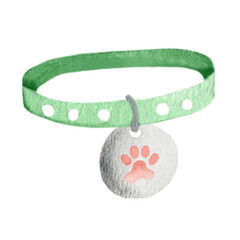 A cat collar with an ID tag and a cat's paw. Hand-drawn watercolor illustration. Simple illustration of accessories for a domestic cat.