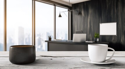 normalizing. Minimalist office interior with dark wood accents and clean lines in natural ambient light. real-estate listings.