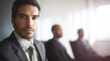 Fototapeta premium applicant. A confident candidate in a professional interview setting within a modern office. pitch deck slides, case study pages, designed for brand storytelling and e-commerce strategy.