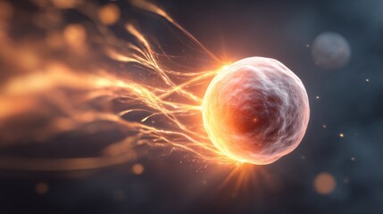 subjective. A single, glowing primordial cell dividing rapidly in a dark aquatic environment with vibrant energy trails. STEM education sheets.