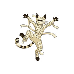 Playful bandaged cartoon cat mummy dancing.