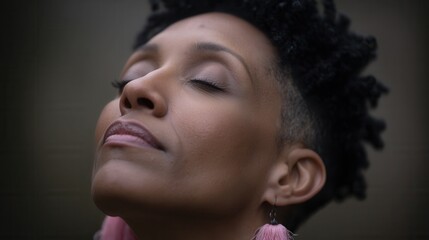 Close-up of a serene African woman with eyes closed in contemplation. The mood is calm and peaceful, suggesting mindfulness and relaxation. Ideal for wellness or self-care themes.