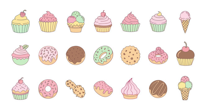 Assortment of colorful cartoon desserts cupcakes ice cream and donuts - Powered by Adobe