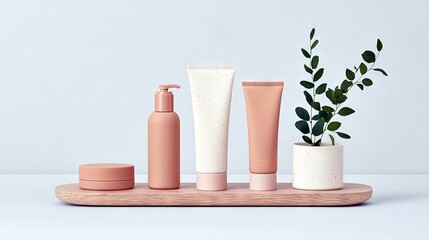 A collection of minimalist skincare products, including a pump bottle, two tubes, and a jar, are arranged on a wooden tray with a small potted plant.