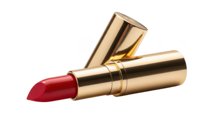 Red lipstick with gold tube in transparent background
