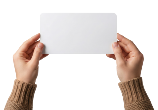 Human Hands Holding a Blank Card, Cut Out, Clipping Path, Isolated on a Transparent PNG Background. - Powered by Adobe