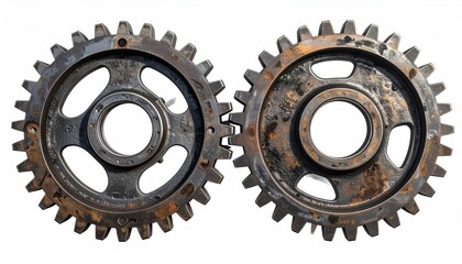 Two rusty, interlocked gears against a white background
