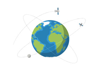 Earth with Satellites and Moon in Orbit, Flat Vector Illustration