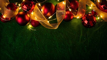 Festive red ornaments and golden ribbon with twinkling lights on dark green background