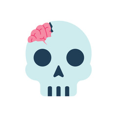 Cartoon skull with exposed brain medical icon.